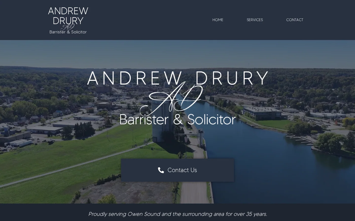 Andrew Drury Law website with legal services and contact information