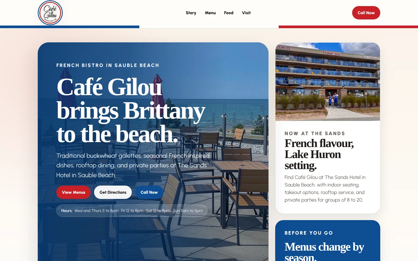 Café Gilou website homepage with dark restaurant photography and menu navigation