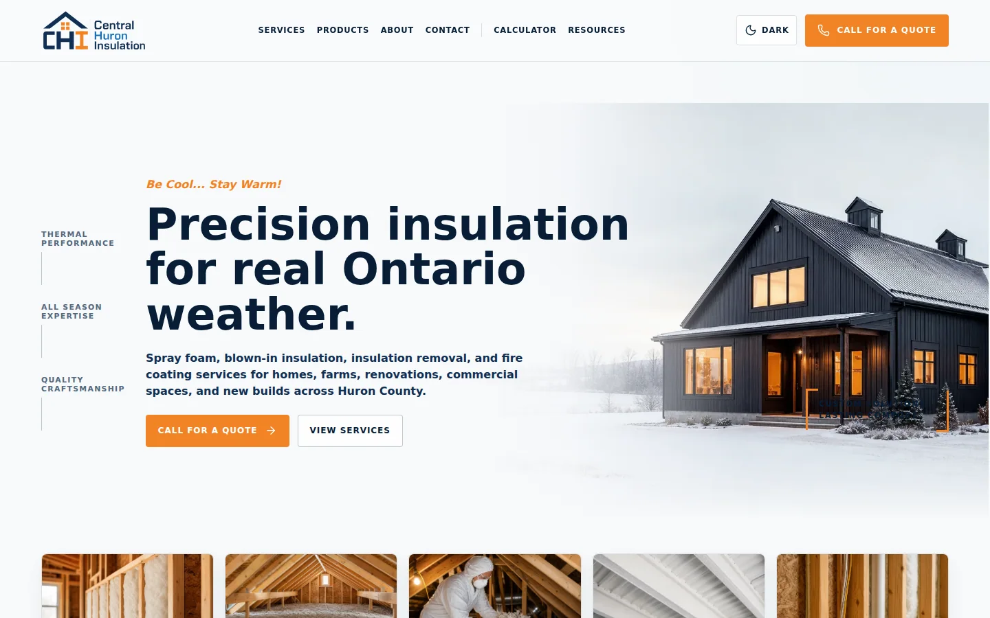Central Huron Insulation website showing residential insulation services