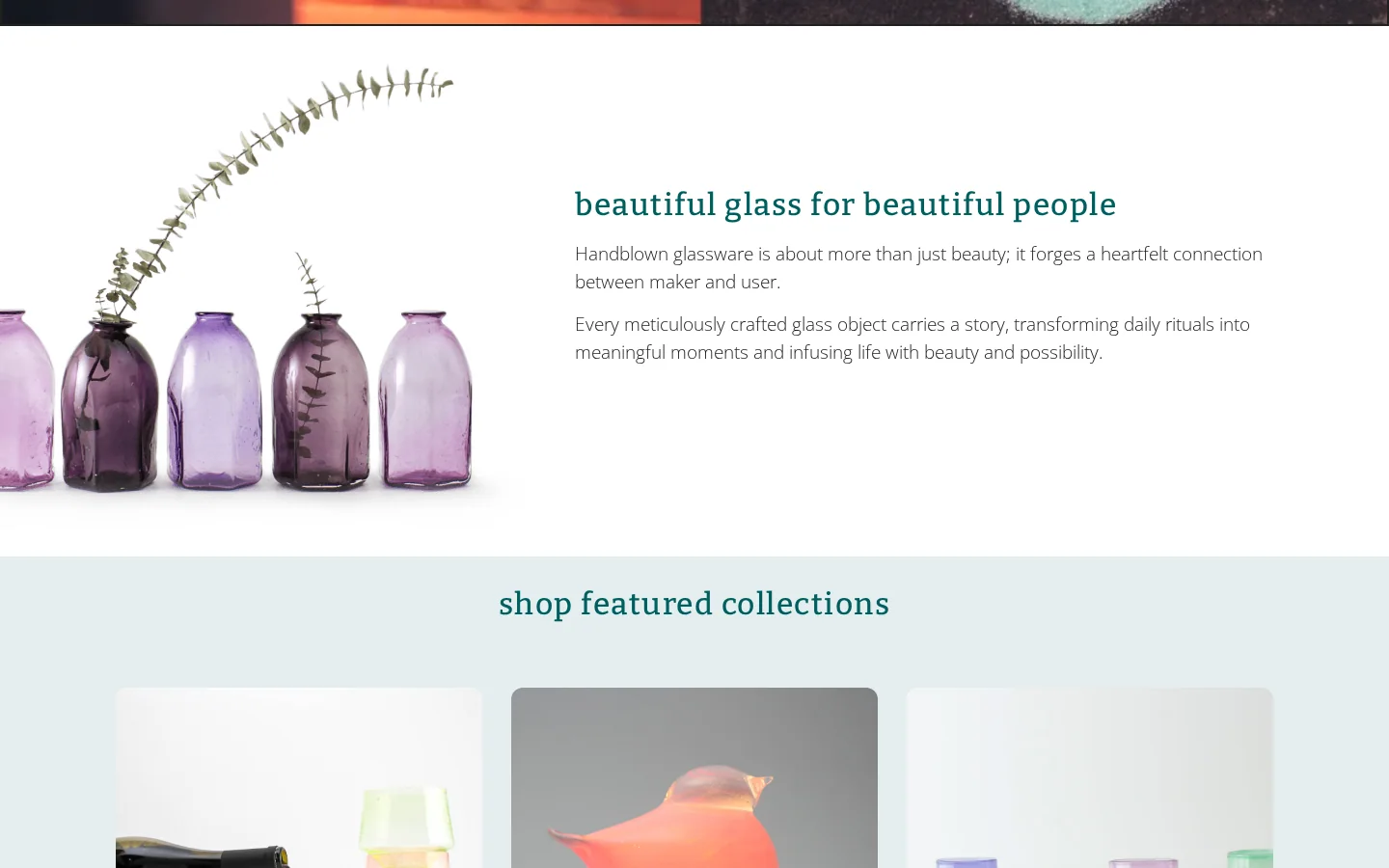 Infinite Glassworks website showing colourful hand-blown glass artwork
